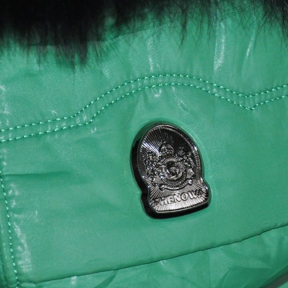 Shenowa Kelly Green Wet Look Down Puffer Belted Coat Jacket Fox Fur Hood Trim M - Picture 10 of 10